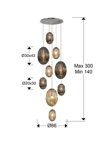 Lámpara de techo OVILA 9 luces LED 72W 7830 lm dimable, tulipas ahumadas IP20 