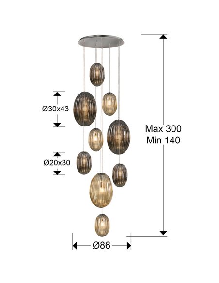 Lámpara de techo OVILA 9 luces LED 72W 7830 lm dimable, tulipas ahumadas IP20 