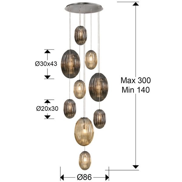 Lámpara de techo OVILA 9 luces LED 72W 7830 lm dimable, tulipas ahumadas IP20 