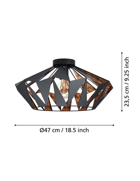 Plafón de techo metálico negro CARLTON, diseño geométricas, Ø470mm E27 (no incl.)