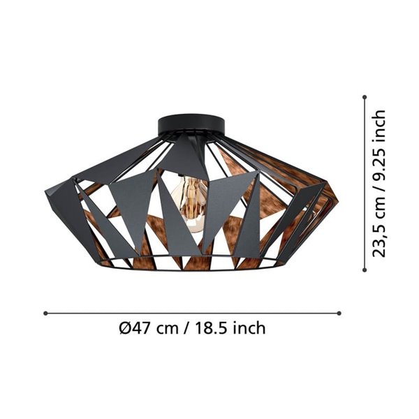 Plafón de techo metálico negro CARLTON, diseño geométricas, Ø470mm E27 (no incl.)
