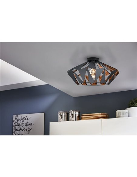 Plafón de techo metálico negro CARLTON, diseño geométricas, Ø470mm E27 (no incl.)