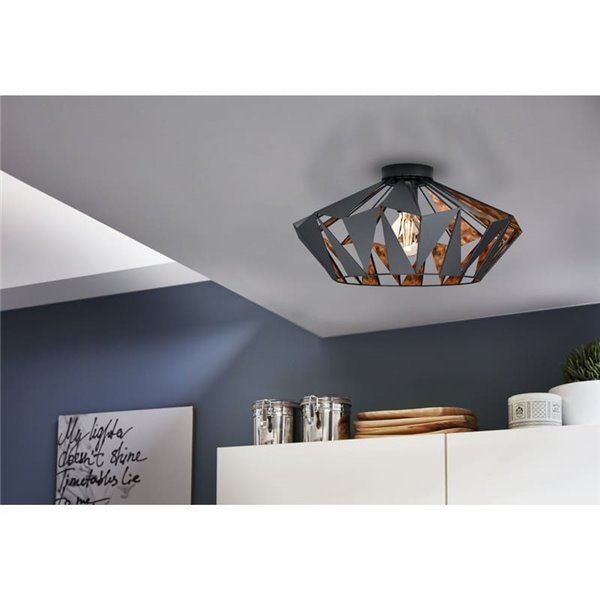 Plafón de techo metálico negro CARLTON, diseño geométricas, Ø470mm E27 (no incl.)