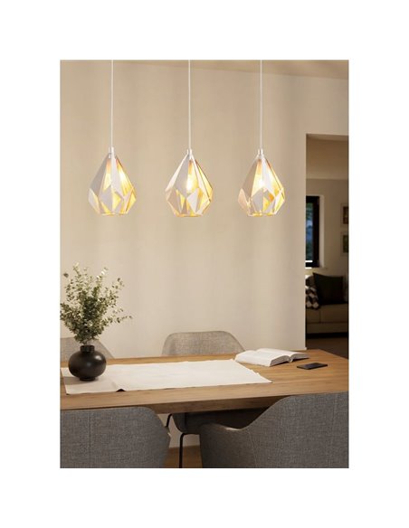 Luminária pendente com 3 cúpulas brancas (interior dourado) suspensa por uma estrutura de aço CARLTON 1, E27 (não incluída).