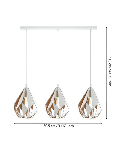 Lámpara colgante con 3 pantallas blancas (dorado interior) suspendidas de acero CARLTON 1, E27 (no incl.)