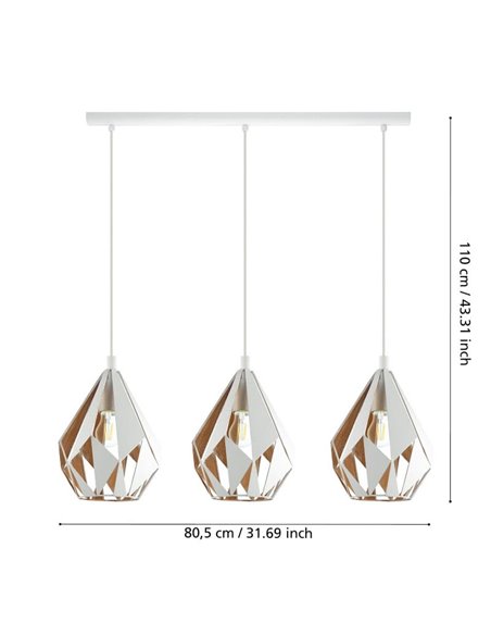 Luminária pendente com 3 cúpulas brancas (interior dourado) suspensa por uma estrutura de aço CARLTON 1, E27 (não incluída).