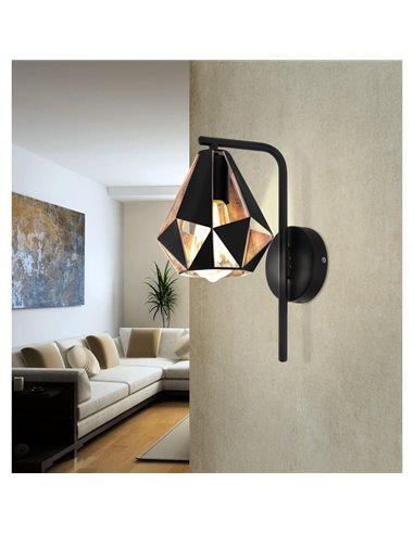 Aplique metálico negro con interior cobre CARLTON 4, pantalla diamante alta, E27 (no incl.)