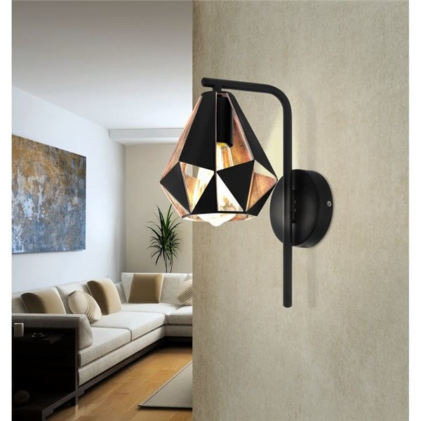 Aplique metálico negro con interior cobre CARLTON 4, pantalla diamante alta, E27 (no incl.)
