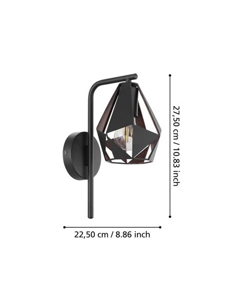 Aplique metálico negro con interior cobre CARLTON 4, pantalla diamante alta, E27 (no incl.)