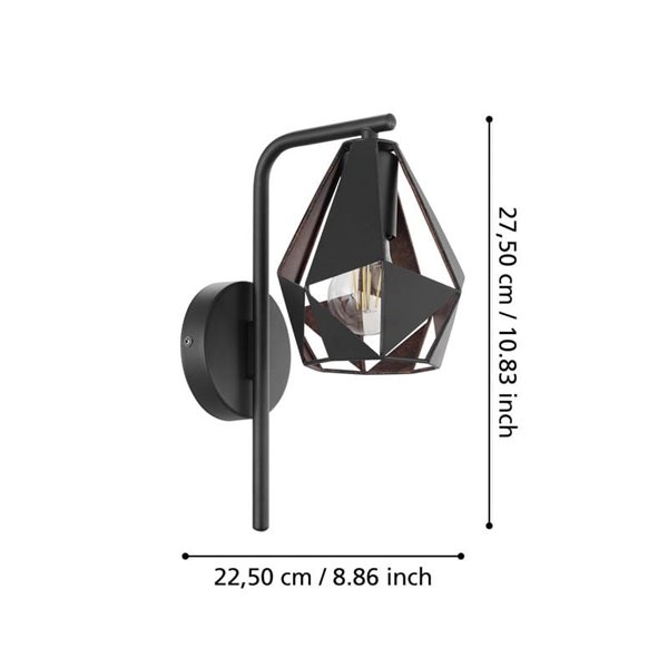 Aplique metálico negro con interior cobre CARLTON 4, pantalla diamante alta, E27 (no incl.)