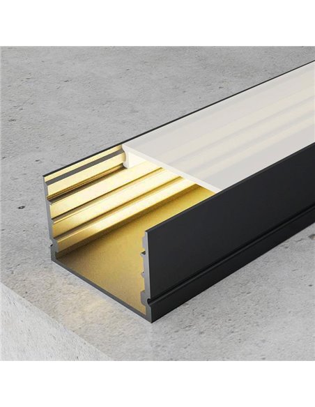 Perfil aluminio de superficie para tiras LED ROK lacado negro con difusor, tapas y grapas 2 metros, 30x20mm
