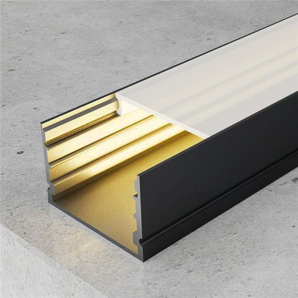 Perfil aluminio de superficie para tiras LED ROK lacado negro con difusor, tapas y grapas 2 metros, 30x20mm