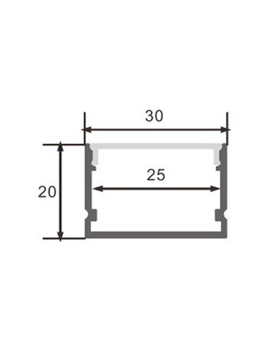 Perfil aluminio de superficie para tiras LED ROK lacado negro con difusor, tapas y grapas 2 metros, 30x20mm