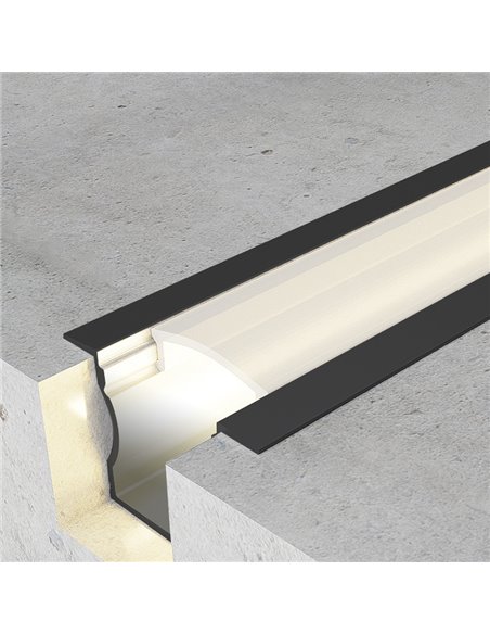 Perfil embutido para fitas de LED HIGH WITH WINGS, laqueado em preto, com difusor, tampas e clipes, 2 metros, 24x14,2mm