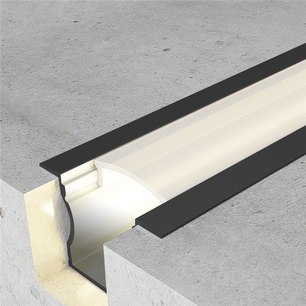 Profilé encastré pour rubans LED HAUT AVEC AILES, laqué noir, avec diffuseur, capuchons et clips, 2 mètres, 24 x 14,2 mm