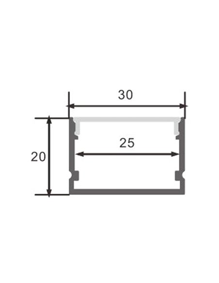 Perfil de alumínio ROK para fitas de LED com difusor, tampas de extremidade e clipes, 2 metros, 30x20mm