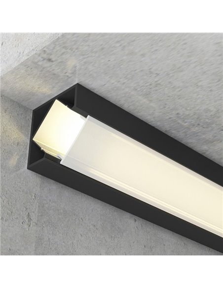 Perfil de canto KOPEP em alumínio lacado preto para fitas de LED com difusor e terminais, 2 metros, 19x19mm