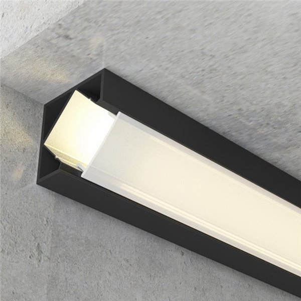 Profilé d'angle KOPEP en aluminium laqué noir pour rubans LED avec diffuseur et embouts, 2 mètres, 19 x 19 mm