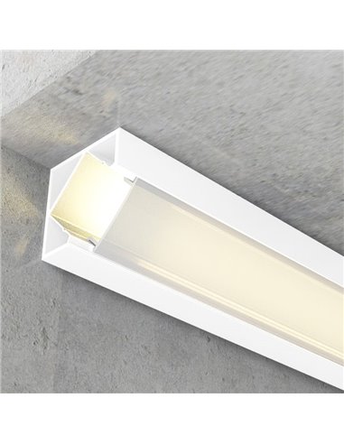 Perfil de canto KOPEP em alumínio lacado branco para fitas de LED com difusor e terminais, 2 metros, 19x19mm