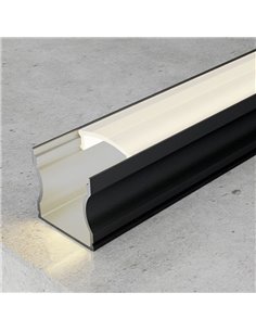 Perfil de aluminio de superficie para tiras LED HIGH lacado negro con difusor, tapas y grapas 2 metros, 14,4x17,2mm