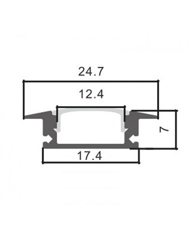 Perfil empotrable para tiras LED SUB aluminio con difusor, tapas y grapas 2 metros, 24,7x7mm