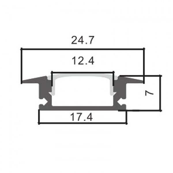 Perfil empotrable para tiras LED SUB aluminio con difusor, tapas y grapas 2 metros, 24,7x7mm