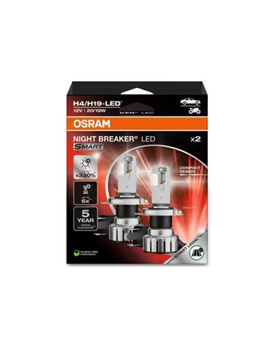 Lâmpadas LED H4/H19 homologadas NIGHT BREAKER LED SMART 6000K 1650/1000Lm Pacote com 2, 64193DWNBSM-2HBH19