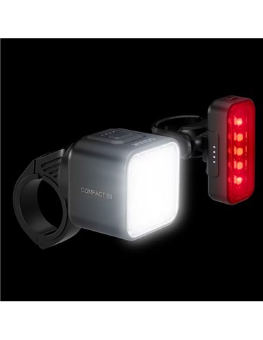 Kit d'éclairage vélo LEDsBIKE COMPACT 50 : éclairage 50 lux avec port USB-C, étanchéité IP54 et support Garmin 2,2–35 mm