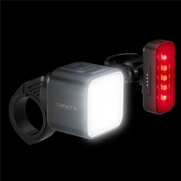 Kit d'éclairage vélo LEDsBIKE COMPACT 50 : éclairage 50 lux avec port USB-C, étanchéité IP54 et support Garmin 2,2–35 mm
