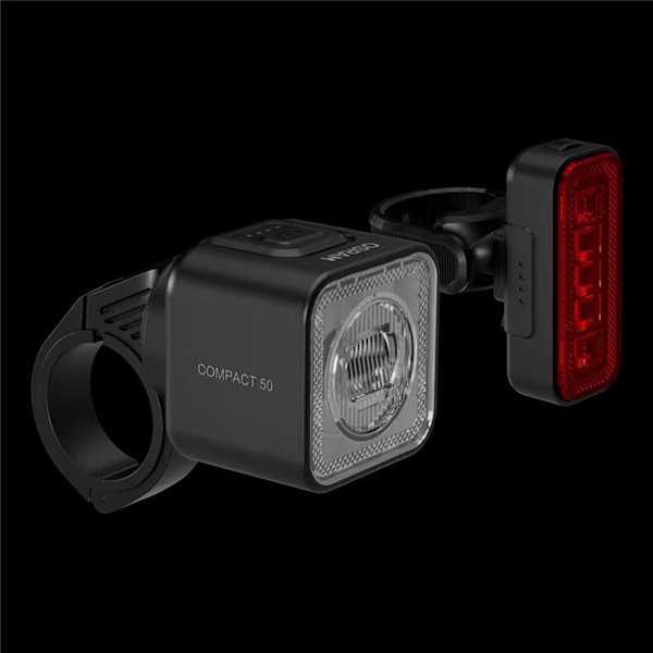 Kit d'éclairage vélo LEDsBIKE COMPACT 50 : éclairage 50 lux avec port USB-C, étanchéité IP54 et support Garmin 2,2–35 mm