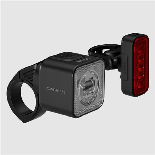 Kit d'éclairage vélo LEDsBIKE COMPACT 50 : éclairage 50 lux avec port USB-C, étanchéité IP54 et support Garmin 2,2–35 mm