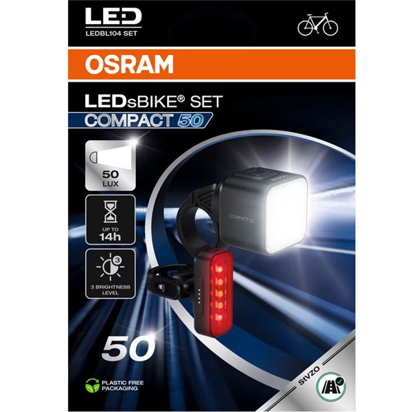 Set de luces para bicicleta LEDsBIKE COMPACT 50 SET 50 lux con USB-C, IP54 y soporte Garmin 2.2–35 mm