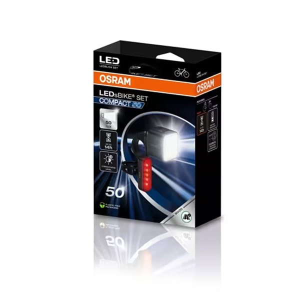 Set de luces para bicicleta LEDsBIKE COMPACT 50 SET 50 lux con USB-C, IP54 y soporte Garmin 2.2–35 mm