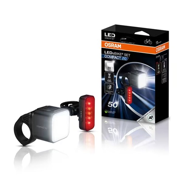 Conjunto de luzes de bicicleta LEDsBIKE COMPACT 50 de 50 lux com USB-C, classificação IP54 e suporte Garmin de 2,2 a 35 mm.