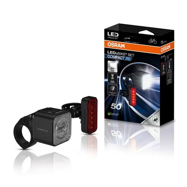Set de luces para bicicleta LEDsBIKE COMPACT 50 SET 50 lux con USB-C, IP54 y soporte Garmin 2.2–35 mm