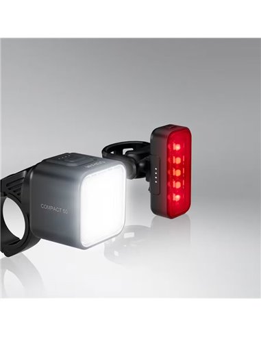 Set de luces para bicicleta LEDsBIKE COMPACT 50 SET 50 lux con USB-C, IP54 y soporte Garmin 2.2–35 mm