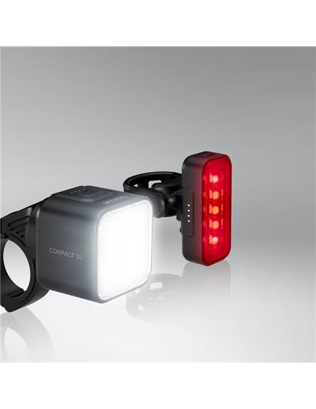 Kit d'éclairage vélo LEDsBIKE COMPACT 50 : éclairage 50 lux avec port USB-C, étanchéité IP54 et support Garmin 2,2–35 mm