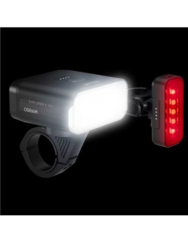 Conjunto de luzes de bicicleta LEDsBIKE EXPLORER X 500 de 500 lúmens com USB-C, classificação IP54 e suporte Garmin Ø22,2–35 mm