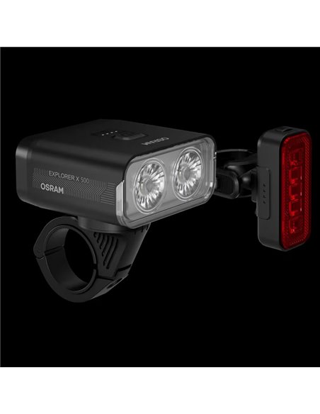 Conjunto de luzes de bicicleta LEDsBIKE EXPLORER X 500 de 500 lúmens com USB-C, classificação IP54 e suporte Garmin Ø22,2–35 mm