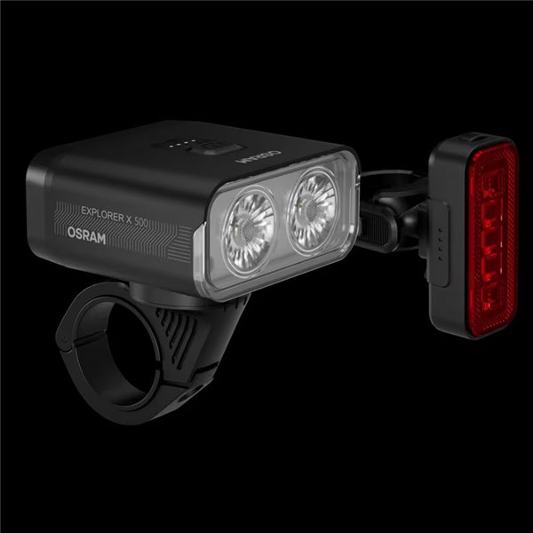 Conjunto de luzes de bicicleta LEDsBIKE EXPLORER X 500 de 500 lúmens com USB-C, classificação IP54 e suporte Garmin Ø22,2–35 mm