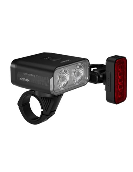 Conjunto de luzes de bicicleta LEDsBIKE EXPLORER X 500 de 500 lúmens com USB-C, classificação IP54 e suporte Garmin Ø22,2–35 mm