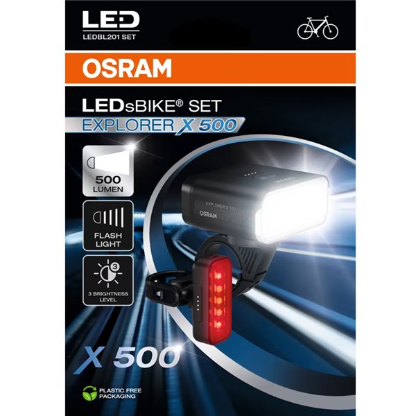 Conjunto de luzes de bicicleta LEDsBIKE EXPLORER X 500 de 500 lúmens com USB-C, classificação IP54 e suporte Garmin Ø22,2–35 mm