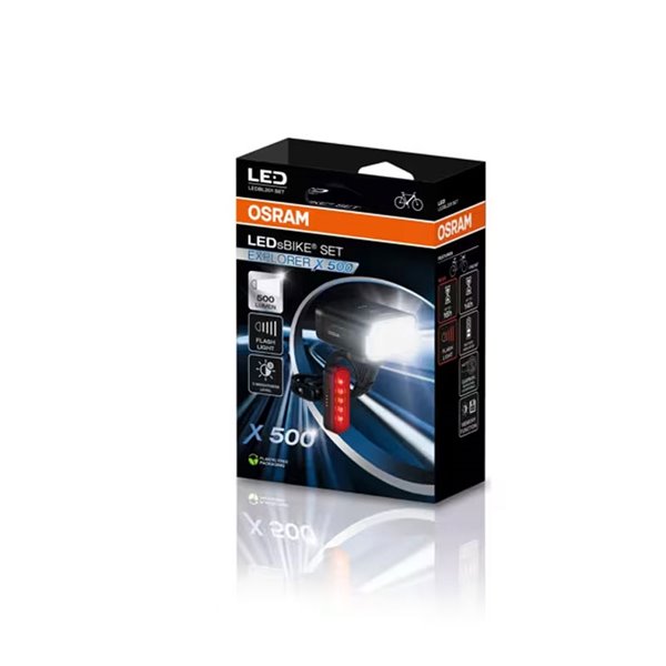 Conjunto de luzes de bicicleta LEDsBIKE EXPLORER X 500 de 500 lúmens com USB-C, classificação IP54 e suporte Garmin Ø22,2–35 mm