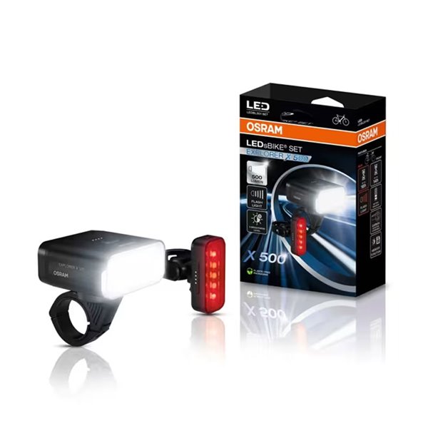 Conjunto de luzes de bicicleta LEDsBIKE EXPLORER X 500 de 500 lúmens com USB-C, classificação IP54 e suporte Garmin Ø22,2–35 mm