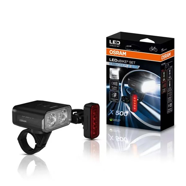 Set de luces para bicicleta LEDsBIKE EXPLORER X 500 SET 500Lm con USB-C, IP54 y soporte Garmin Ø22,2–35 mm