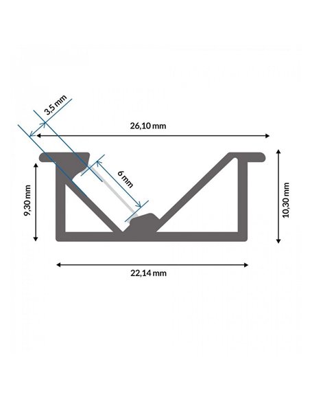 Perfil para muebles de aluminio MYGH para tiras LED 2 metros, con difusor y tapas, 26x10,4mm, LM3849