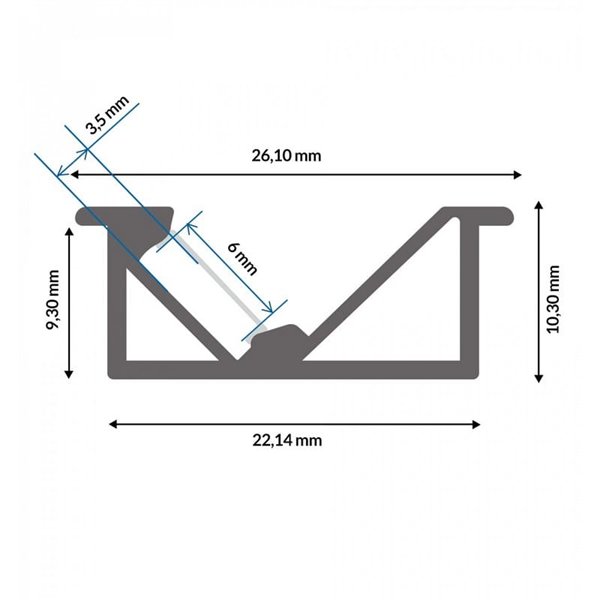 Perfil para muebles de aluminio MYGH para tiras LED 2 metros, con difusor y tapas, 26x10,4mm, LM3849