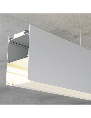 Perfil de alumínio BIEG para suspensão de fitas LED de 2 metros com difusor e terminais, 50x88mm, LM3839