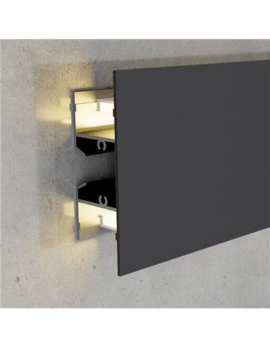 Perfil de pared lacado negro GOTE para tiras LED arriba y abajo 2 metros, formato XL, con grapas, doble difusor, con tapas, 24,5