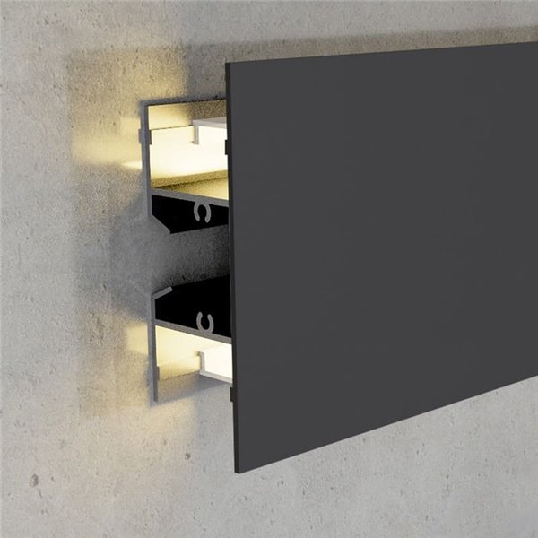 Perfil de pared lacado negro GOTE para tiras LED arriba y abajo 2 metros, formato XL, con grapas, doble difusor, con tapas, 24,5